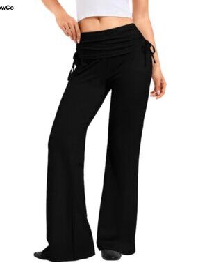 Low Rise Fold Over Wide Leg Yoga Pants with Self-Tie Bow
